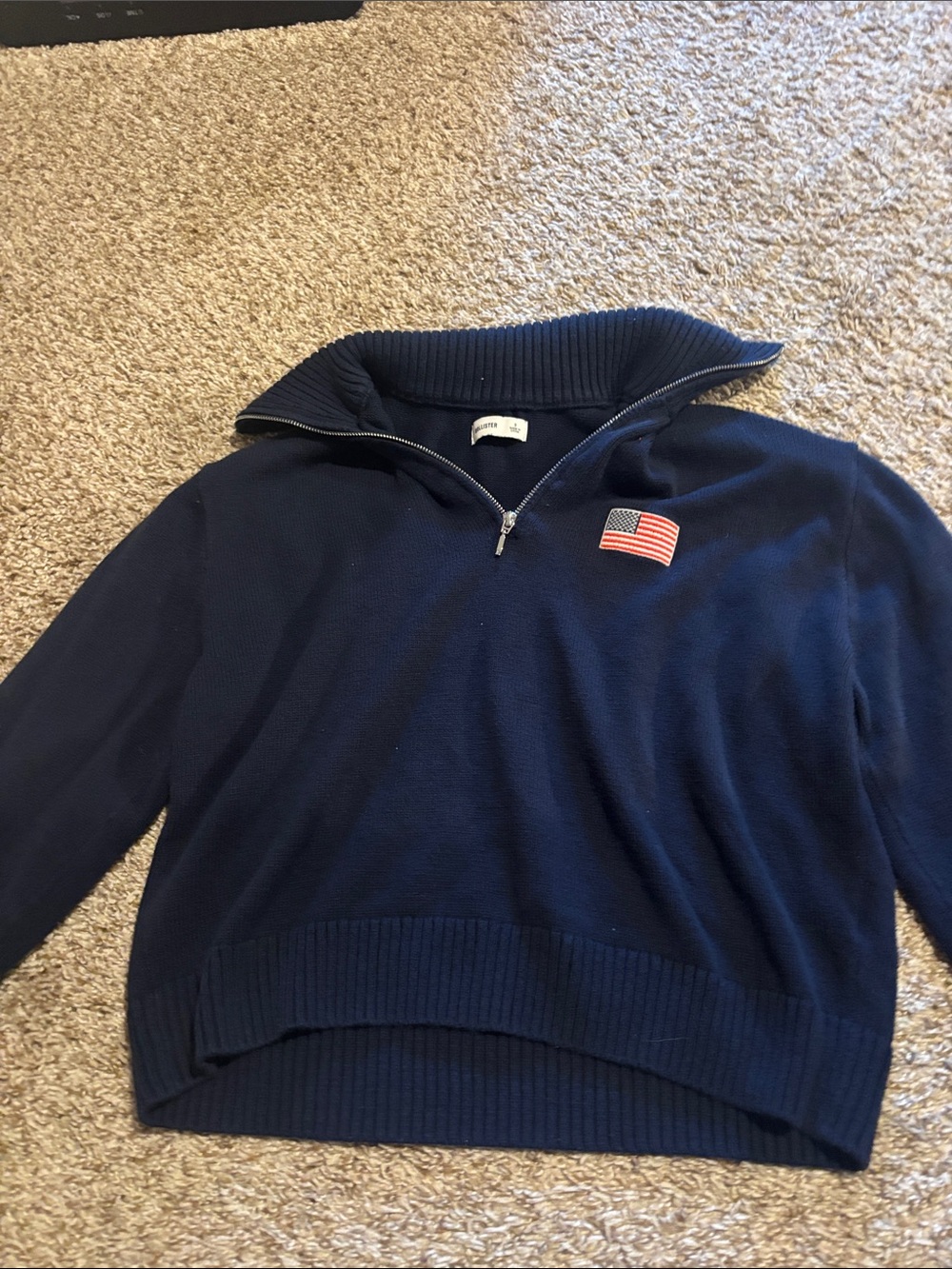 Hollister Navy Half-Zip Sweater with Flag Patch